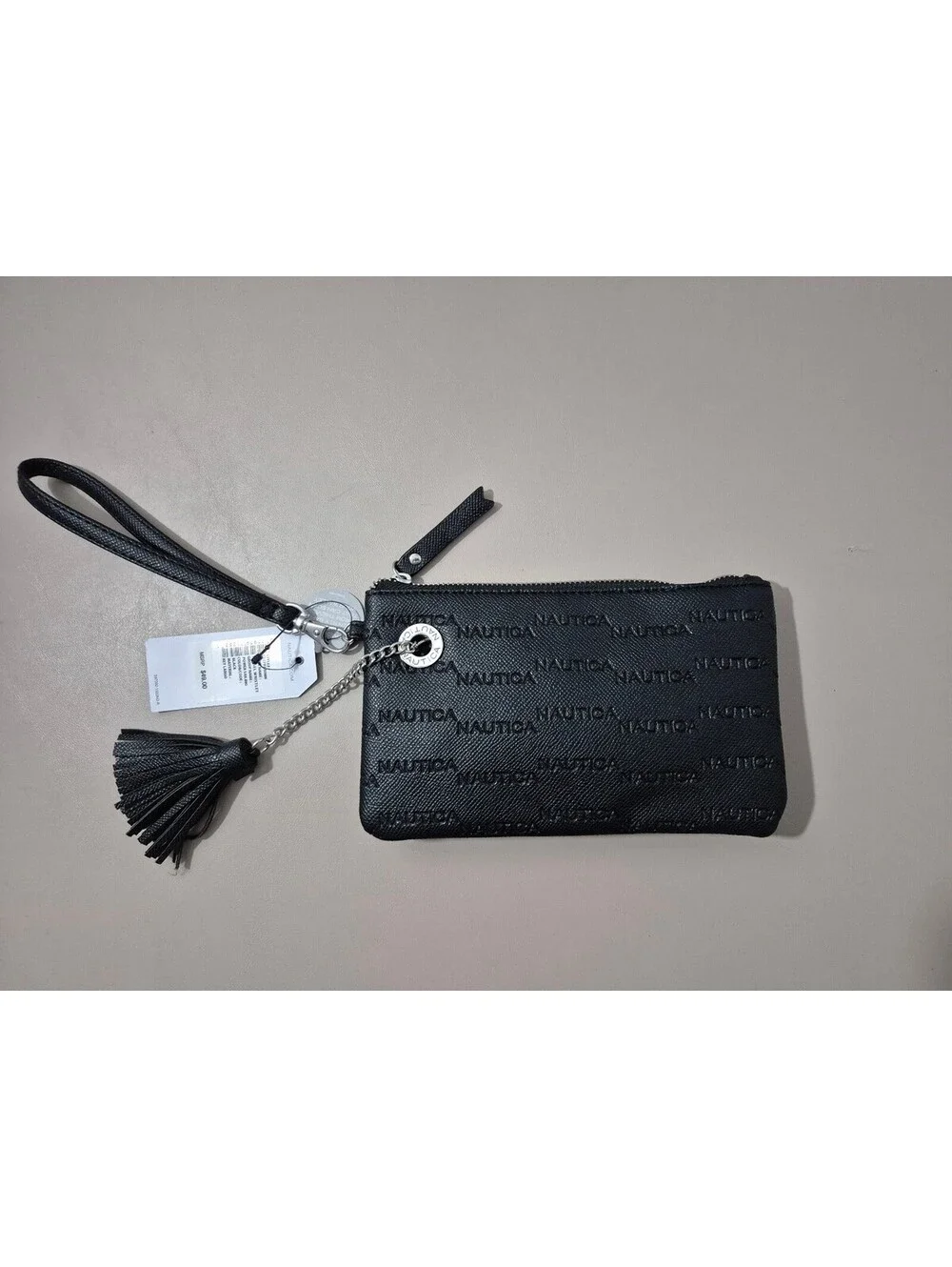 Nautica Black Logo Embossed Wristlet Wallet Clutch NWT Tassel Zip Pouch